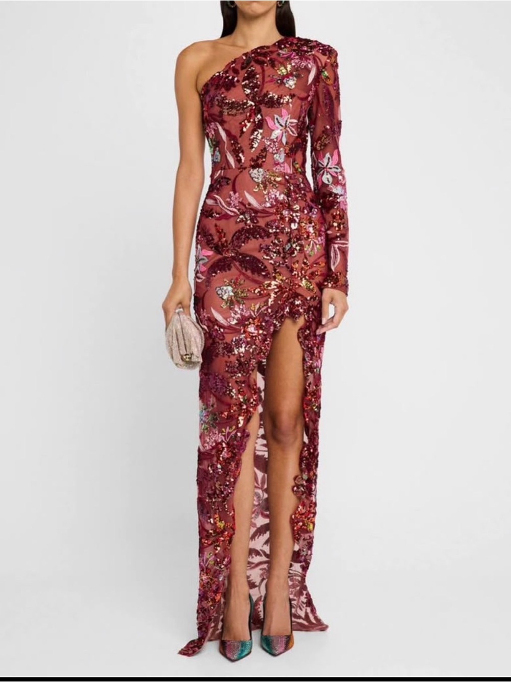 Bronx and Banco One-Shoulder Burgundy Floral Sequin Gown